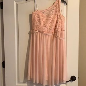 David’s Bridal Blush one shoulder lace dress